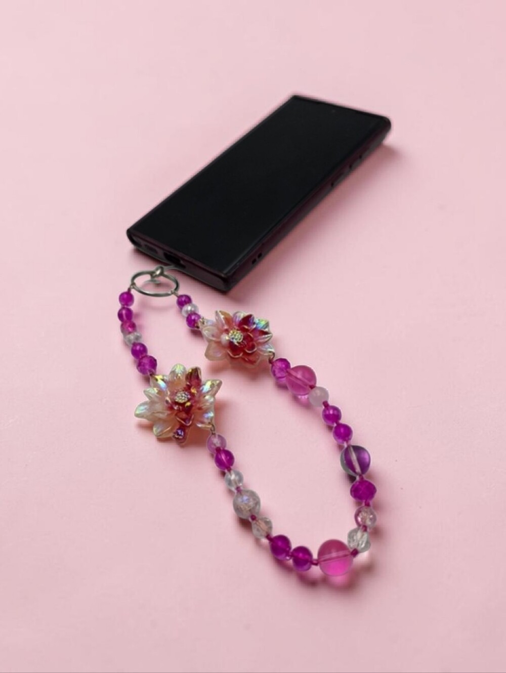 Handmade Pink Beaded Phone Charm with Floral Accents